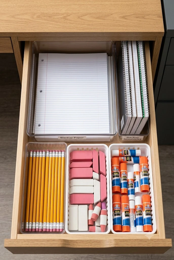 Backup school supply drawer restock station