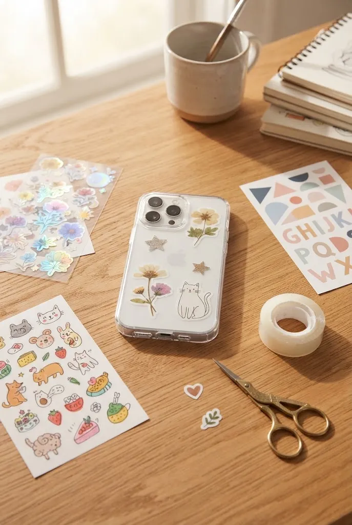 Phone case sticker ideas supplies flat lay
