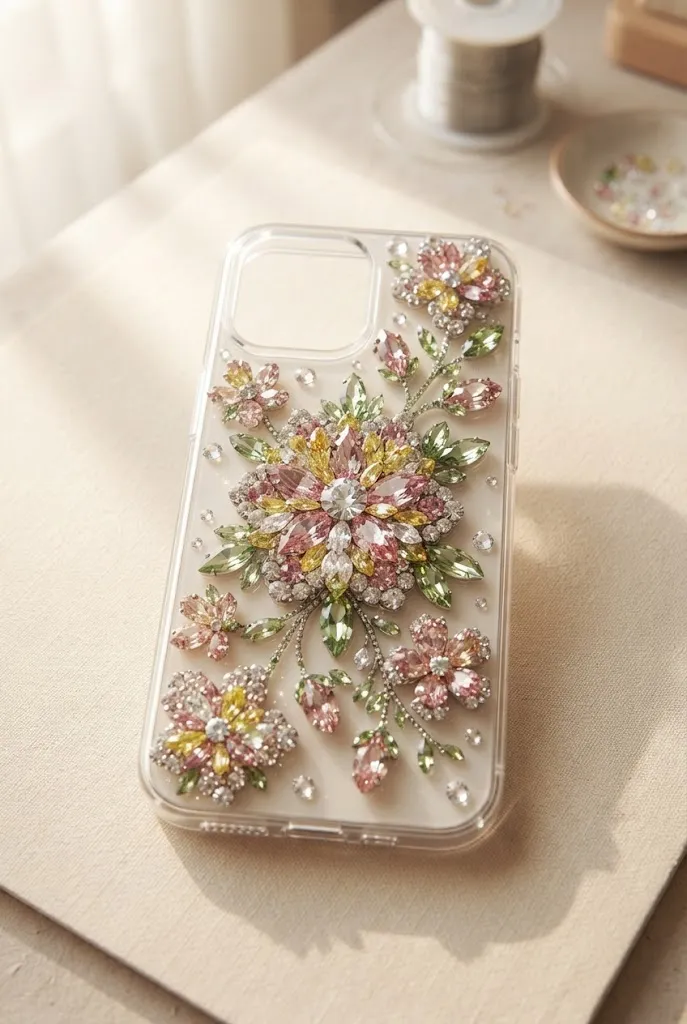 Floral rhinestone phone case with colorful crystal flowers.