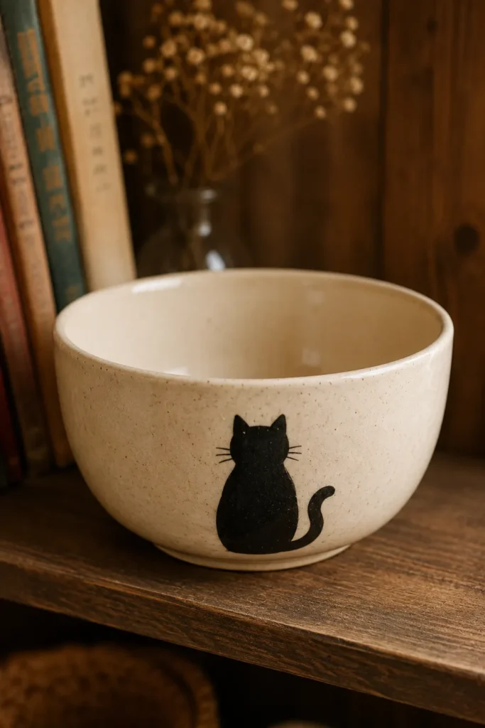 Bowl painted with a simple cat silhouette design