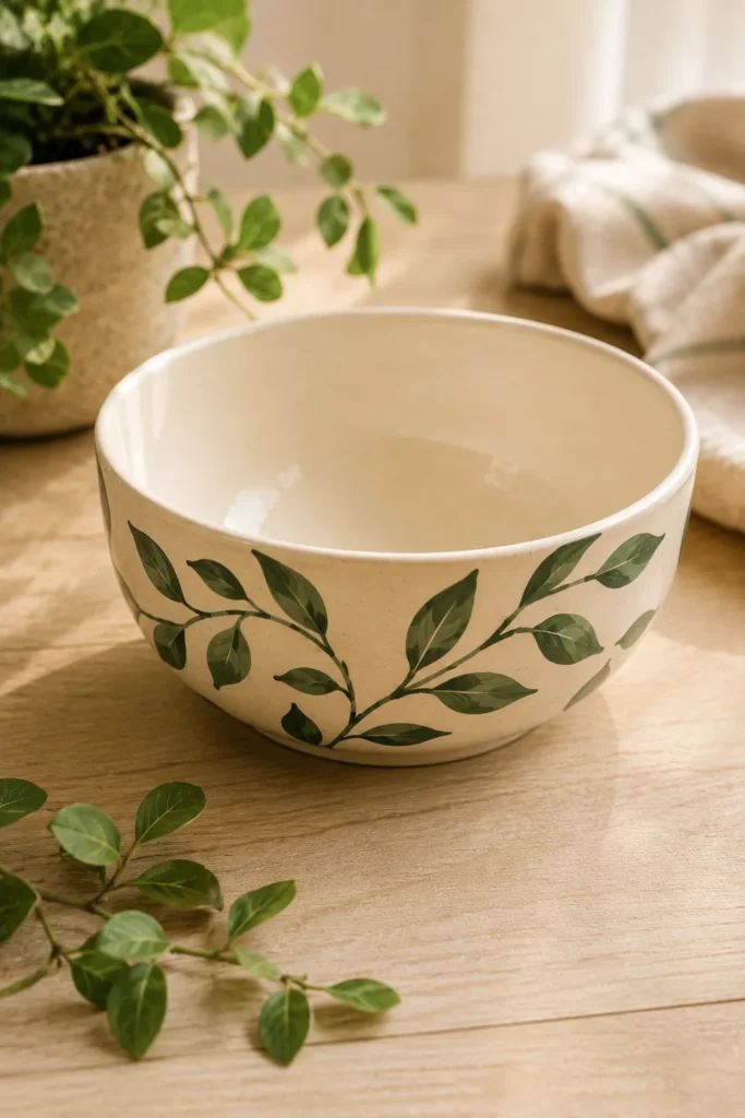 Ceramic bowl painted with green botanical leaf silhouettes