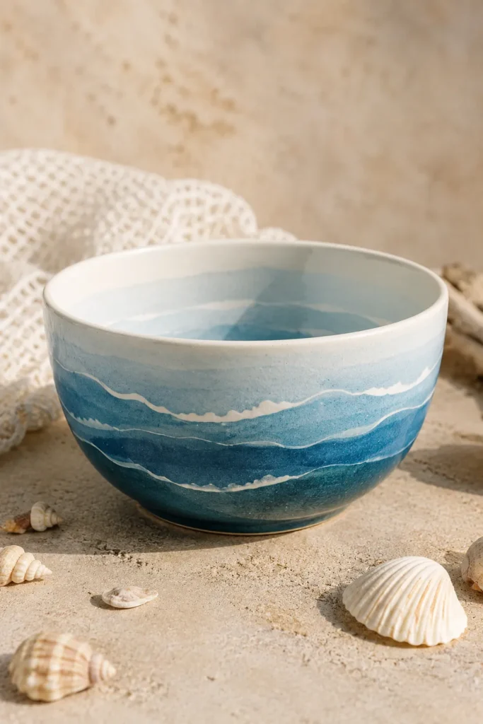 Ceramic bowl hand painted with blue ocean wave design