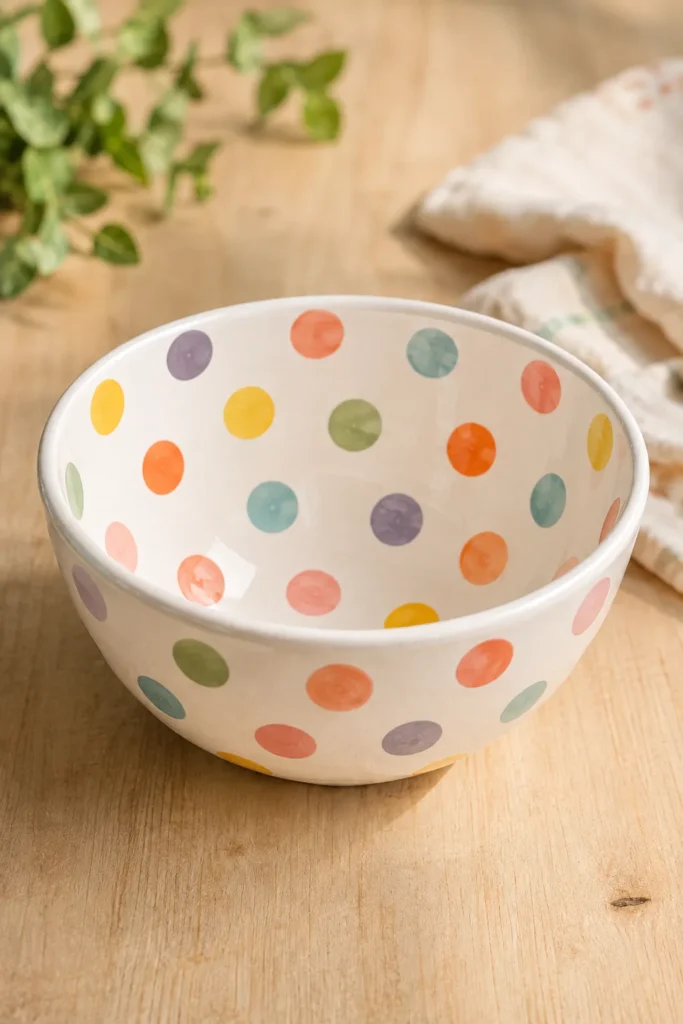 White ceramic bowl painted with pastel polka dots