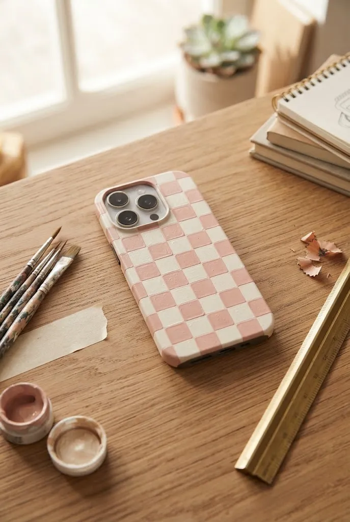 Pink and cream checkerboard DIY phone case.
