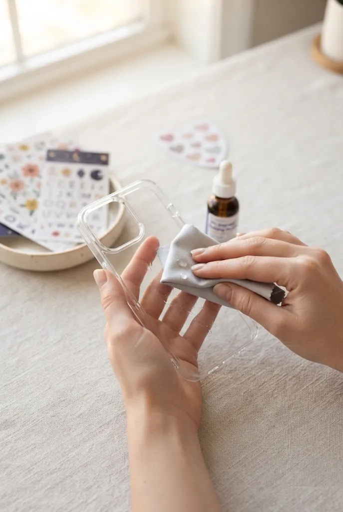 Cleaning phone case before applying stickers