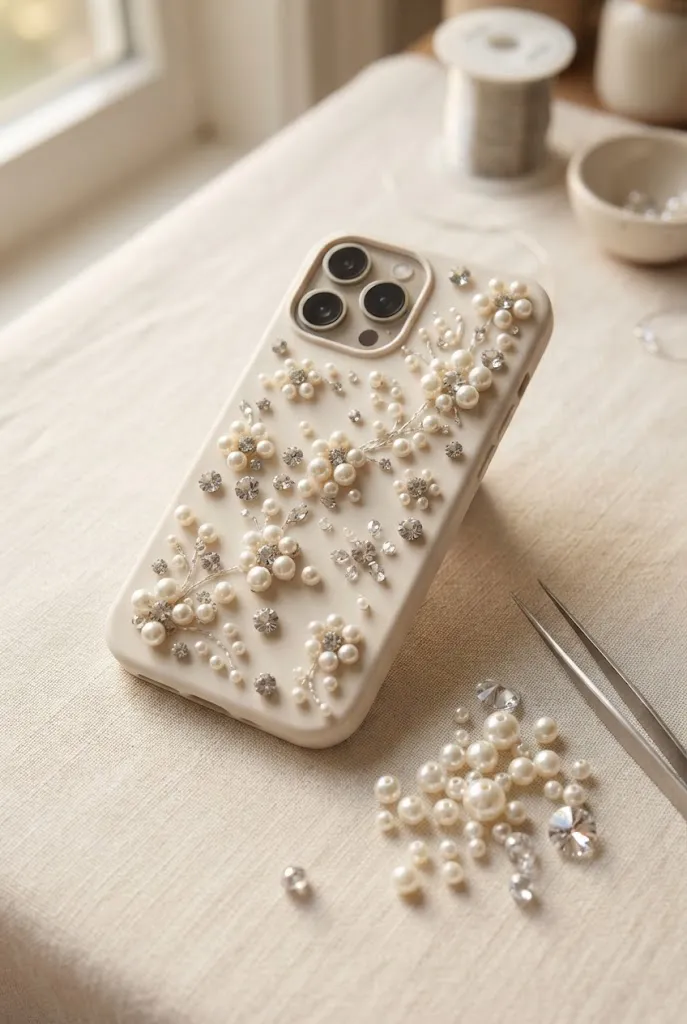 Pearl and rhinestone decorated phone case idea.