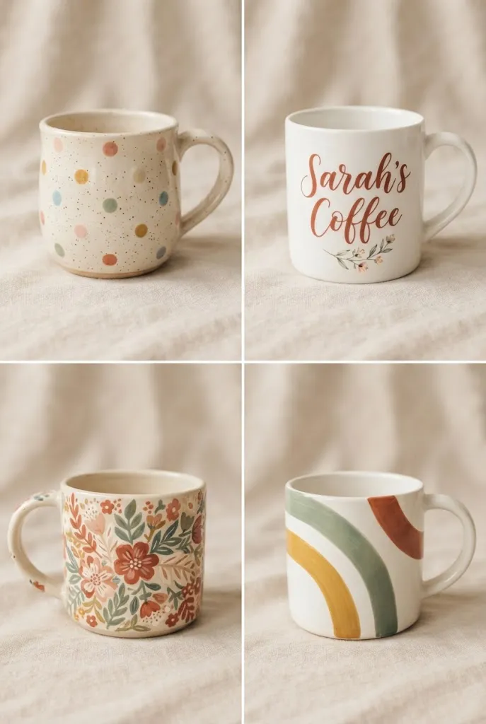 Four hand-painted ceramic mugs with different design styles