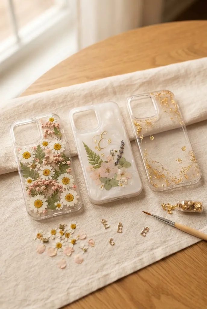 Floral, personalized initial, and gold flake resin phone cases.