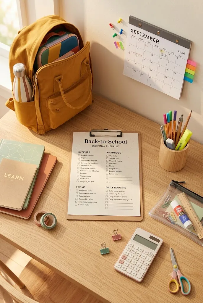 Back to school checklist flat lay with supplies