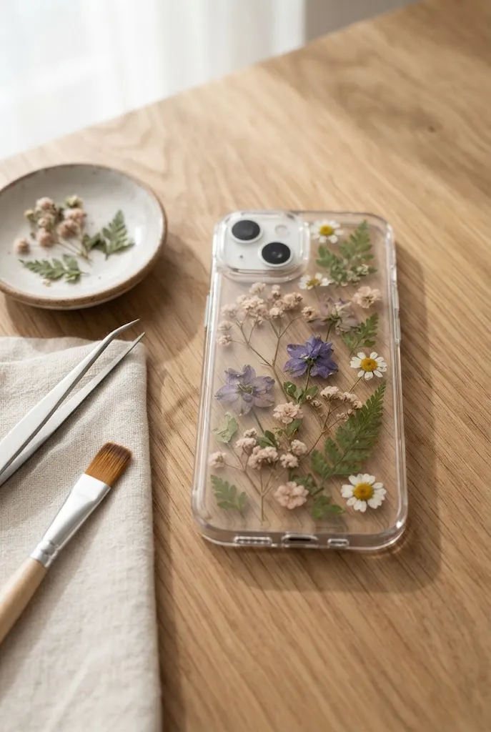 Pressed flower resin phone case with delicate botanical details.