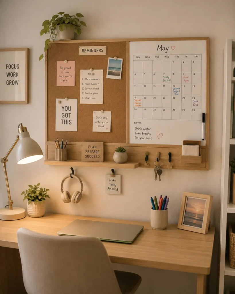 Corkboard and whiteboard command center mounted above a desk