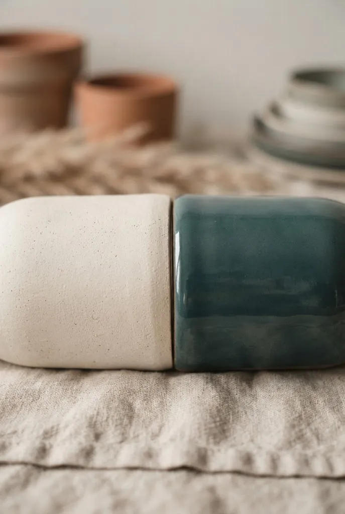 Close-up comparison of matte bisque pottery and glazed ceramic surface