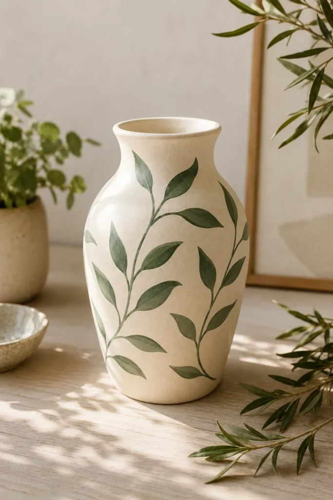 Vase painted with green botanical leaf silhouettes