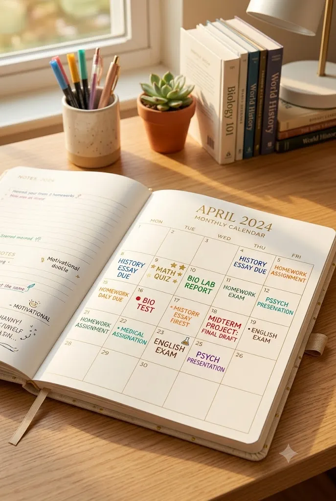 Monthly student planner calendar with due dates