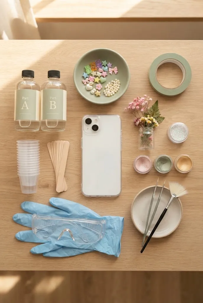 Beginner DIY resin phone case supplies arranged on a craft desk.