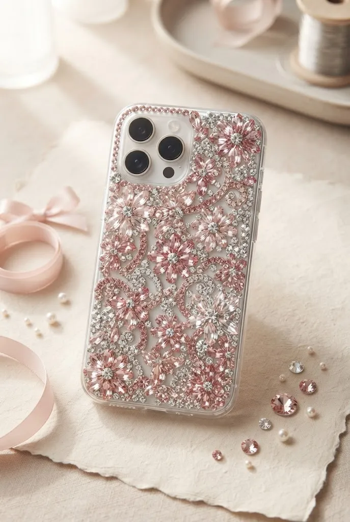 Pink and clear rhinestone phone case with a girly glam design.
