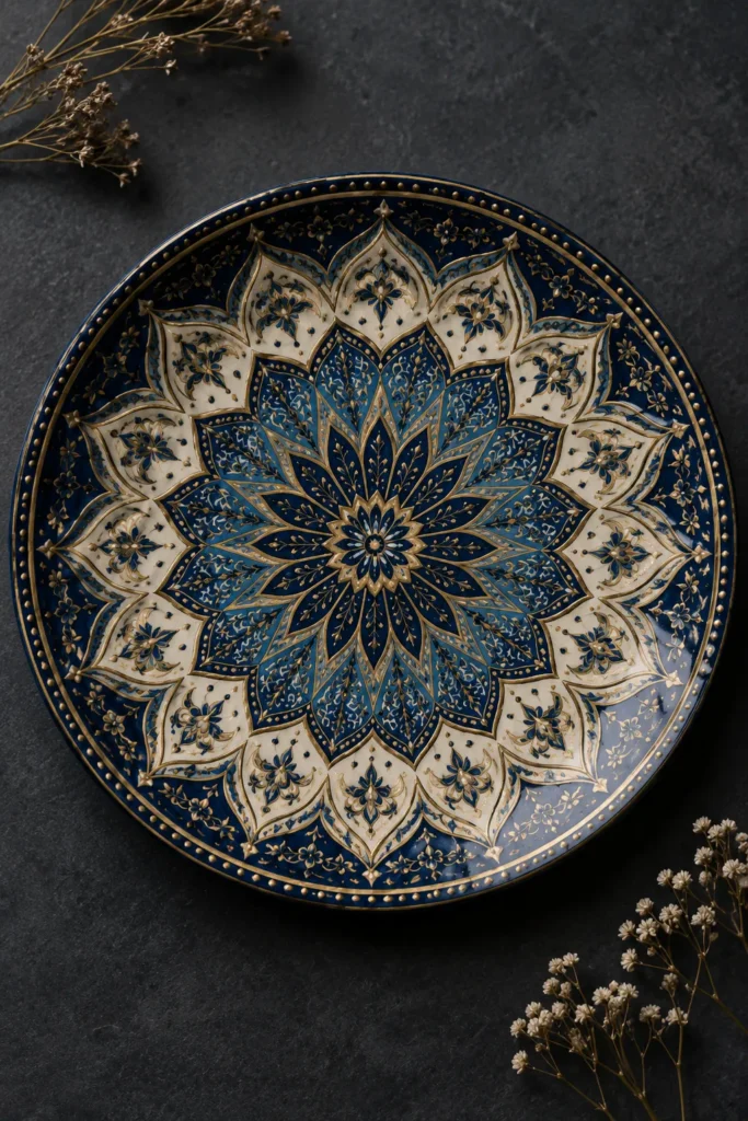 Plate painted with intricate mandala pattern design