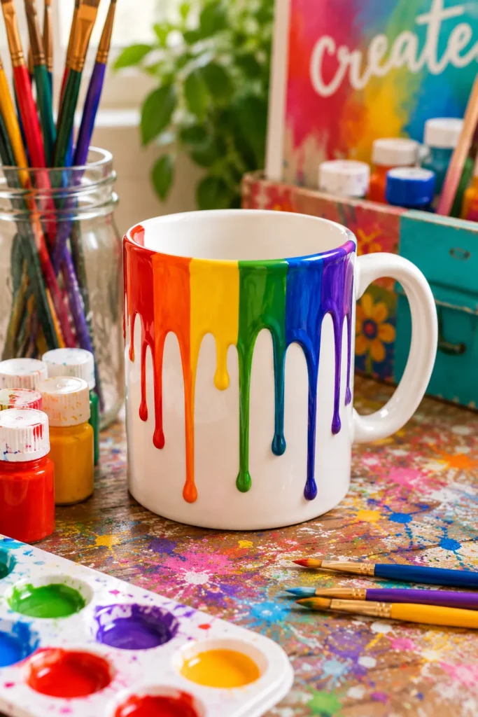  Rainbow drip painted pottery mug