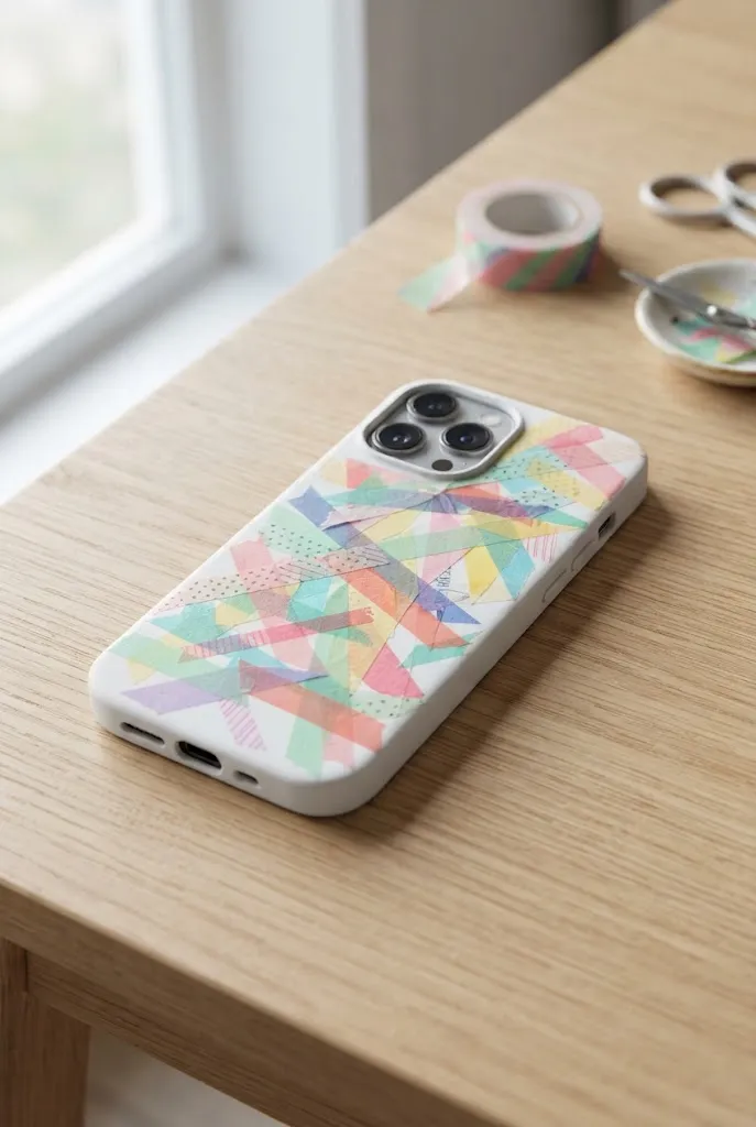 Phone case decorated with geometric washi tape pattern