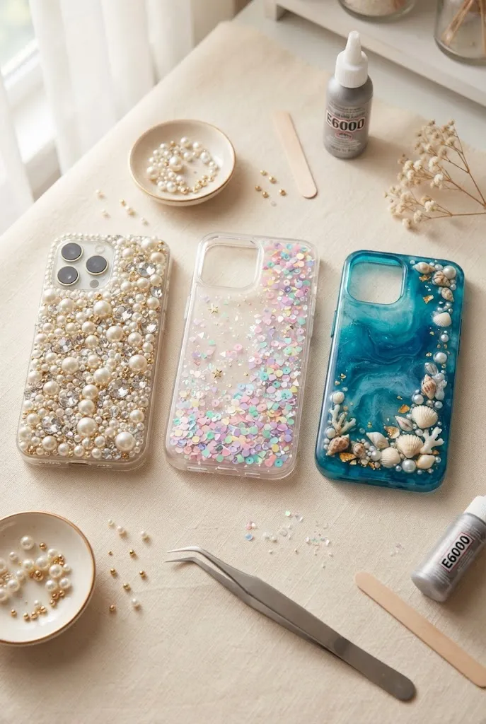 Pearl, pastel confetti, and ocean-inspired DIY resin phone cases.