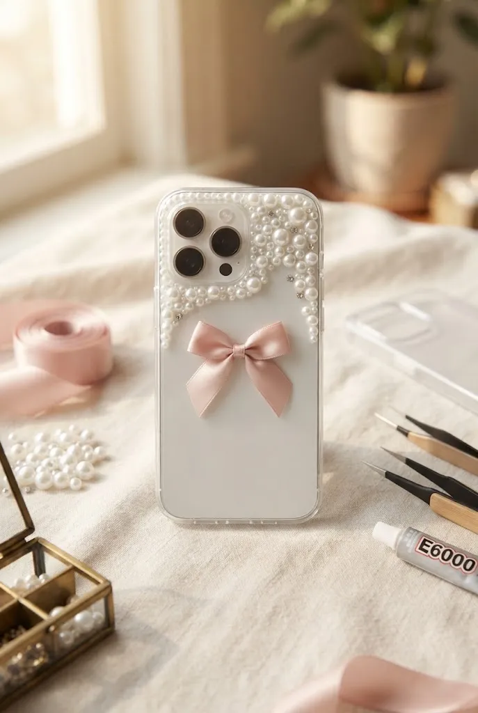 Coquette pearl and bow DIY phone case.